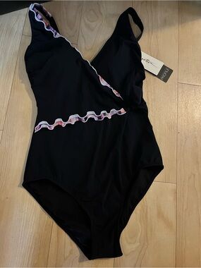 Profile By Gottex Black One-Piece Swimsuit with Pink Ruffle Trim